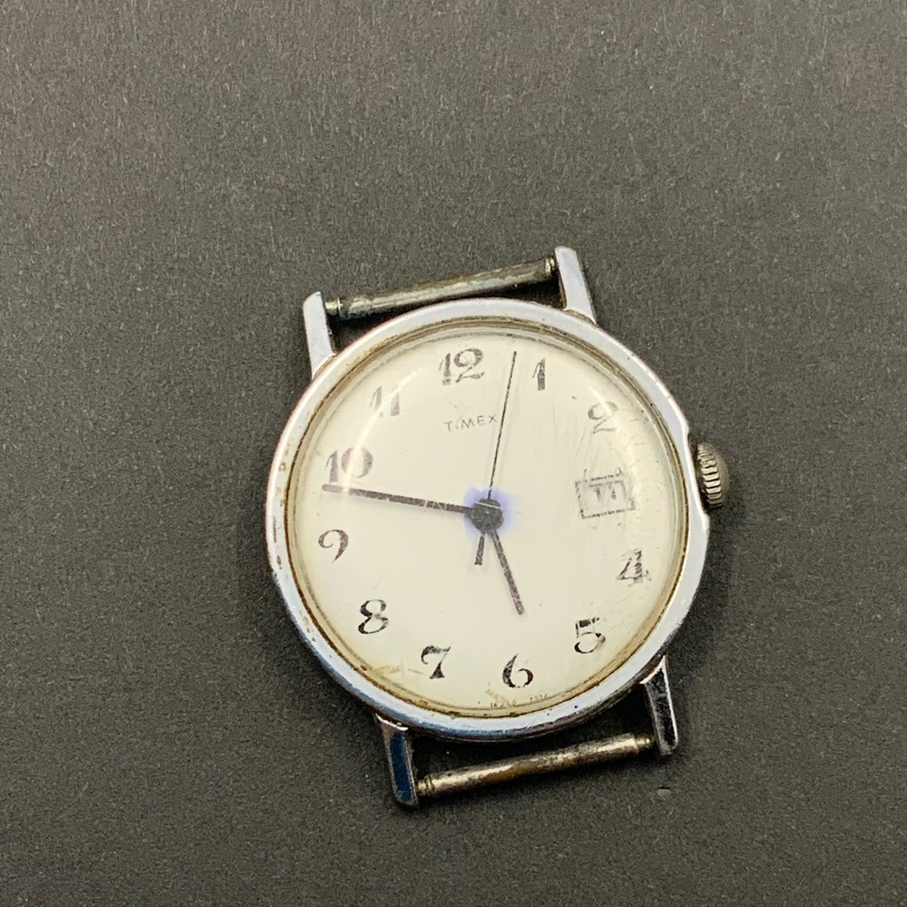 Vintage Timex Manual Wind Watch Date Dial Parts Repair Project Chrome Silver